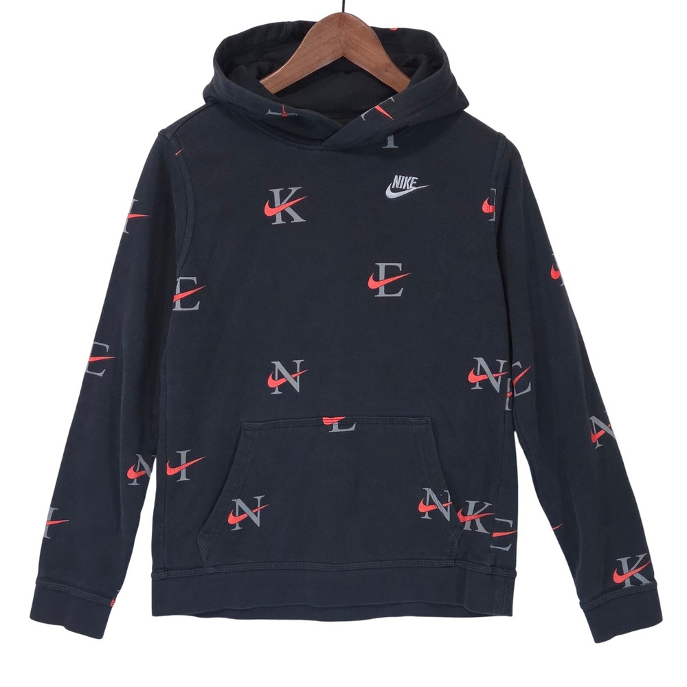 Nike All Over Print Pullover Hoodie Youth XL Black Fleece Sweatshirt Black Layer